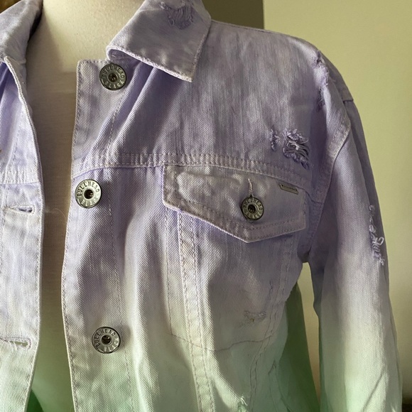 Bullhead Black distressed ombre denim jkt XL lilac green white chrome grommets - Picture 4 of 10